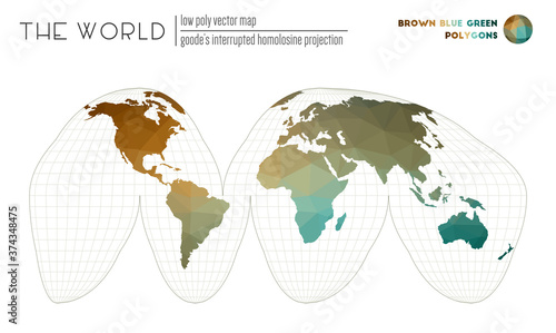 Low poly design of the world. Goode's interrupted homolosine projection of the world. Brown Blue Green colored polygons. Energetic vector illustration. photo