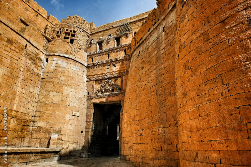 Jaisalmer, India - August 2020: Entrance gate to the Jaisalmer Fort on August 20, 2020 in Jaisalmer, Rajasthan, India.