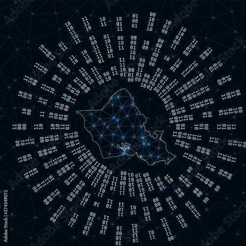 Oahu digital map. Binary rays radiating around glowing island. Internet connections and data exchange design. Vector illustration.