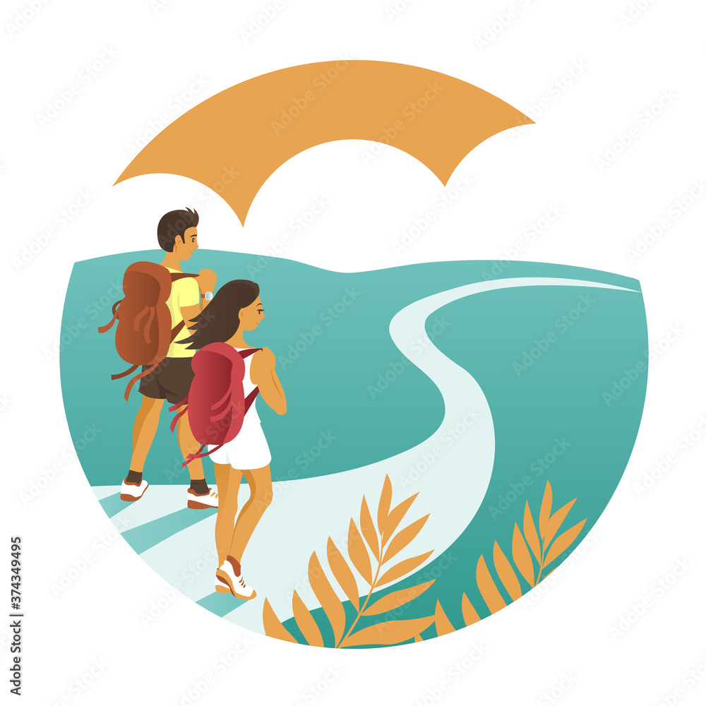 A young man and a girl are traveling with backpacks. They walk along the road in summer against the background of nature. Vector round illustration.