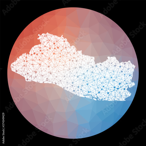 Vector network Republic of El Salvador map. Map of the country with low poly background. Rounded Republic of El Salvador illustration in technology, internet, network, telecommunication concept style.