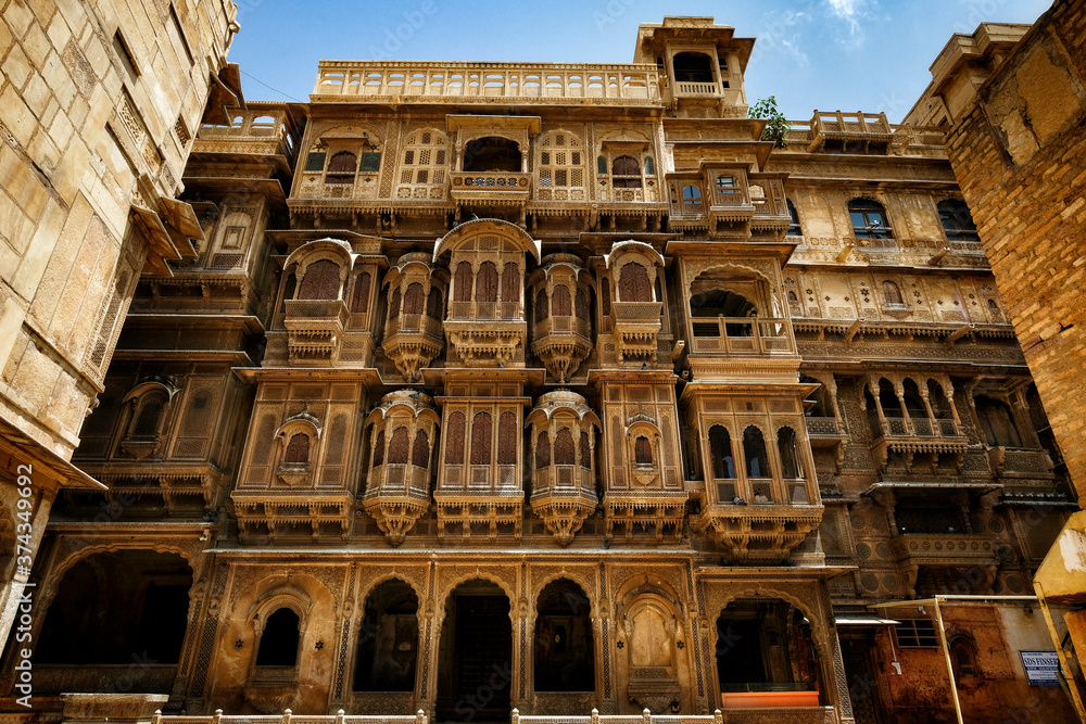Jaisalmer, India - August 2020: Detail of the facade of the Patwa ki Haveli on August 21, 2020 in Jaisalmer, Rajasthan, India.