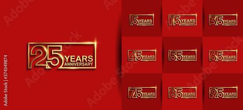 Anniversary logotype set with golden color on red background. vector design for celebration purpose, greeting, invitation card and special event