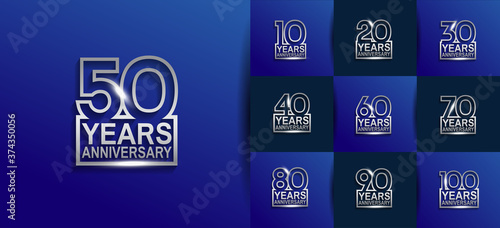 Anniversary logotype set with silver color on blue background. vector design for celebration purpose, greeting, invitation card and special event