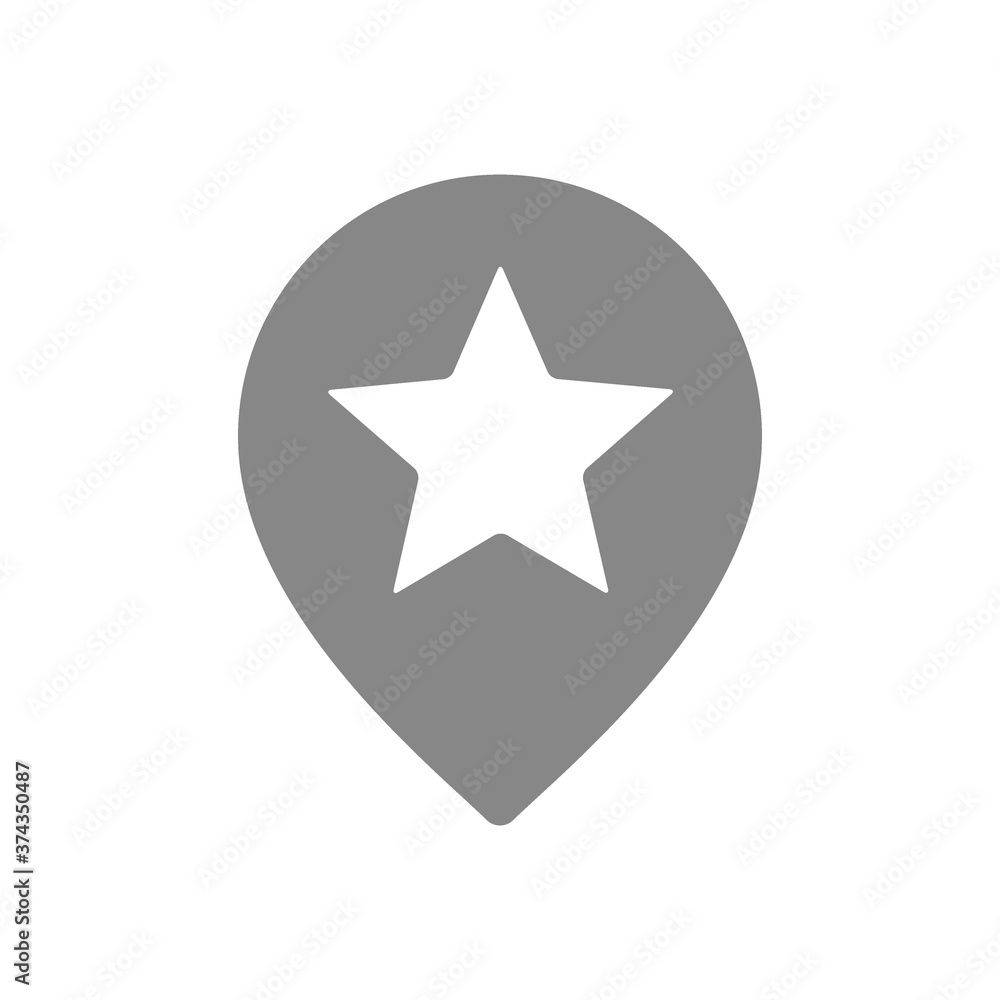 Star with location mark, favorite place gray icon. Rating, add to favorites, quality control, customer review symbol Star with location mark, favorite place gray icon. Rating, add to favorites, quality control, customer review symbol