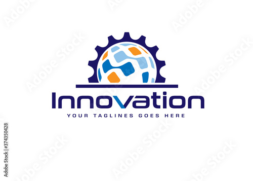Global technology gear concept business logo template design. Globe world and cogwheel mechanic logo sign