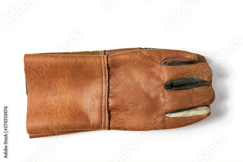 close-up brown glove leather isolated white .background