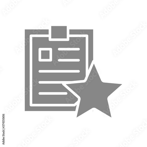 Clipboard with star gray icon. Document rating, add to favorites, folder review symbol