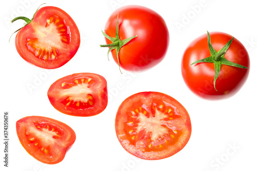 fresh tomato slices isolated on white background. top view
