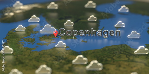 Cloudy weather icons near Copenhagen city on the map, weather forecast related 3D rendering