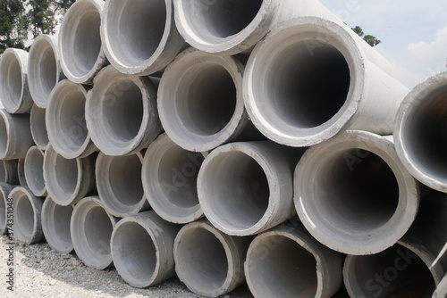 KUALA LUMPUR, MALAYSIA -MAY 13, 2020: Concrete culvert at construction site. The material is shipped by the manufacturer and is ready for installation. Made of reinforced concrete 