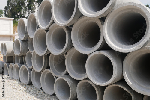 KUALA LUMPUR, MALAYSIA -MAY 13, 2020: Concrete culvert at construction site. The material is shipped by the manufacturer and is ready for installation. Made of reinforced concrete 