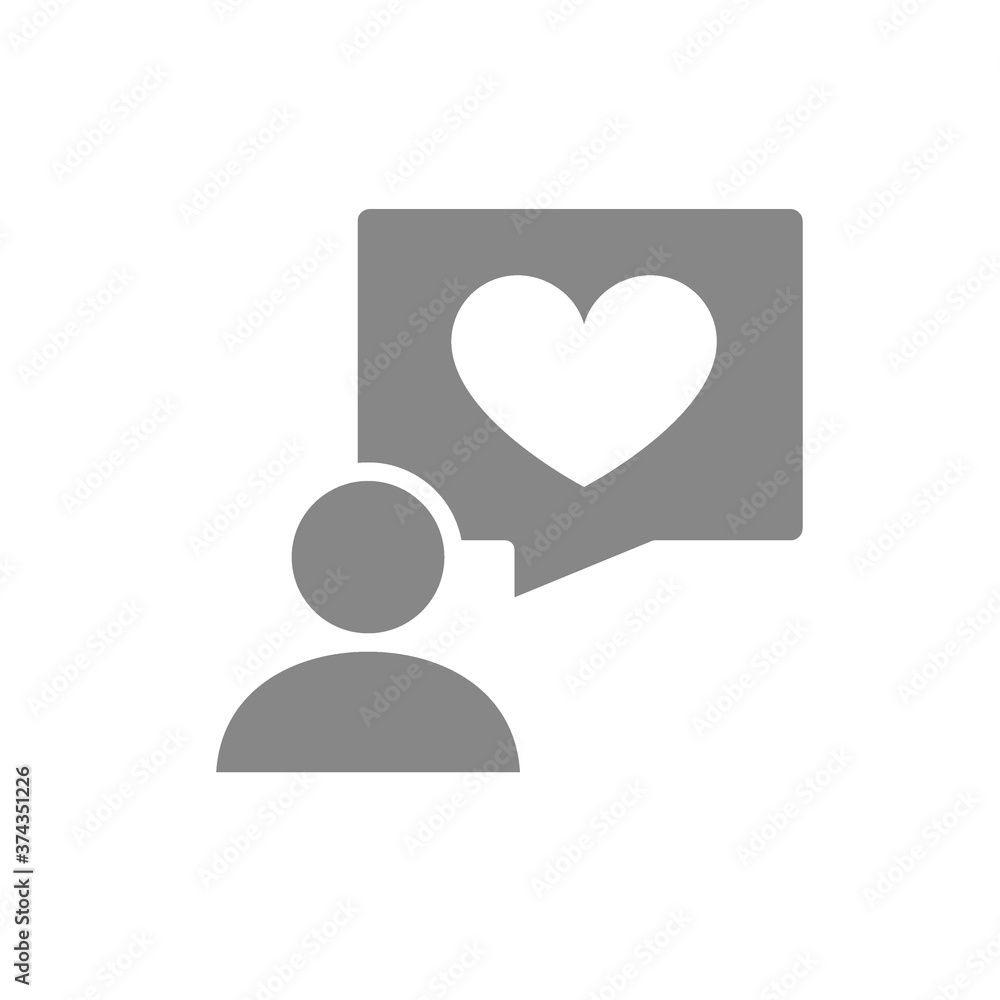 Human with heart in speech bubble gray icon. Dialogue about love, like, feedback symbol Human with heart in speech bubble gray icon. Dialogue about love, like, feedback symbol