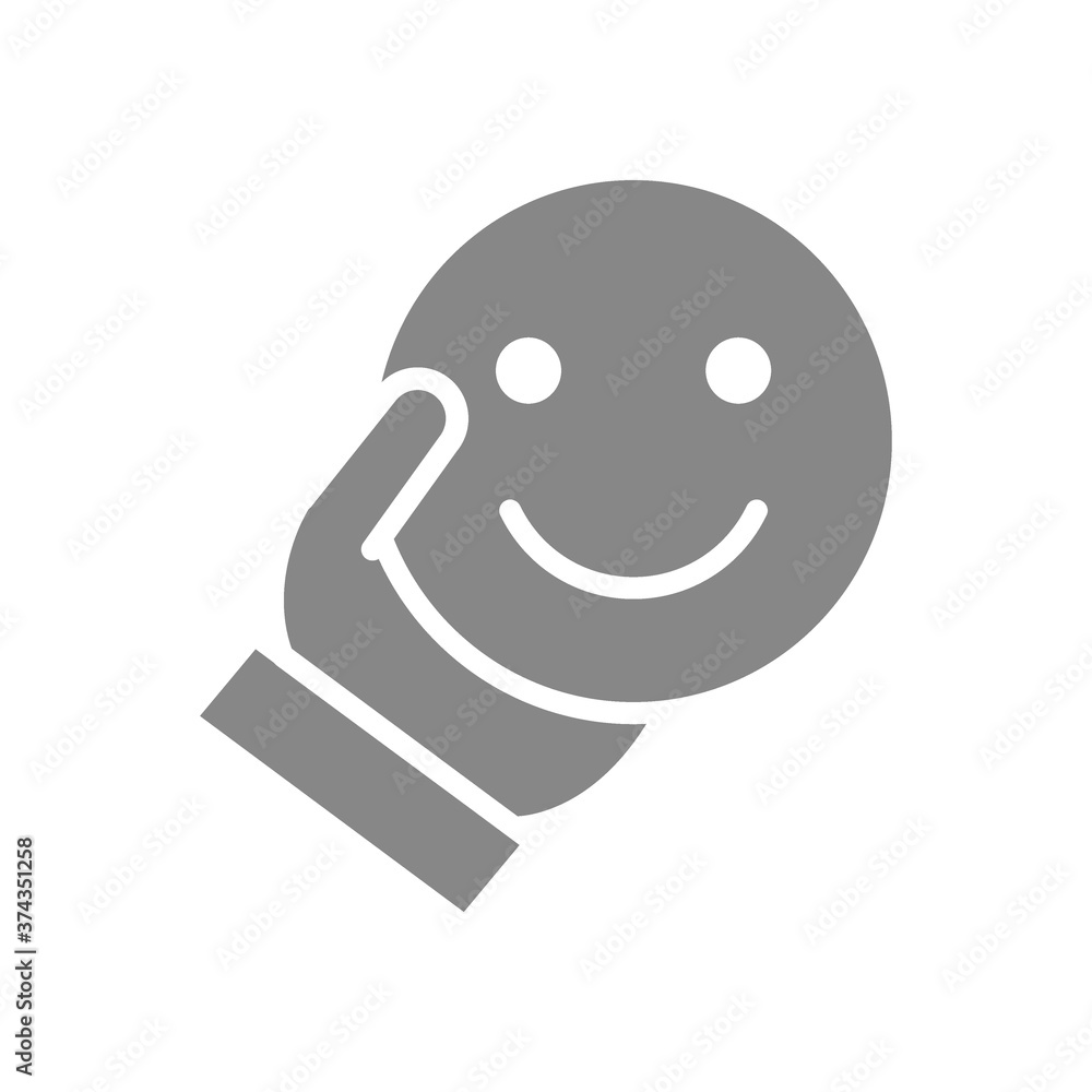 Human holding happy emoji gray icon. Share a good mood, emotions of satisfaction symbol Human holding happy emoji gray icon. Share a good mood, emotions of satisfaction symbol