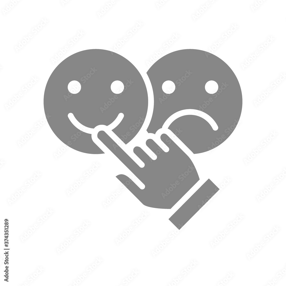 Man chooses between positive and negative emotions gray icon. Level of satisfaction, rating symbol Man chooses between positive and negative emotions gray icon. Level of satisfaction, rating symbol
