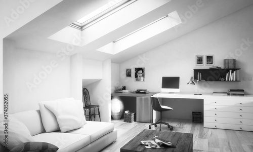 Modern Attic Office Furnishings - black and white 3d visualization