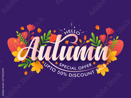 Hello autumn calligraphy colored text, Illustration of colorful maple fall leaves on purple background.