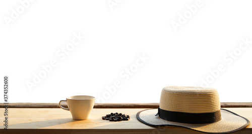 White cup of Coffee and coffee cups on table isolated white background