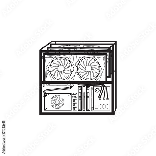Mining farm. A machine for creating cryptocurrency. Earnings on the Internet. Video cards for mining illustration