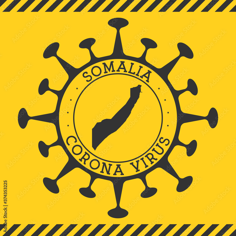 Corona virus in Somalia sign. Round badge with shape of virus and Somalia map. Yellow country epidemy lock down stamp. Vector illustration.