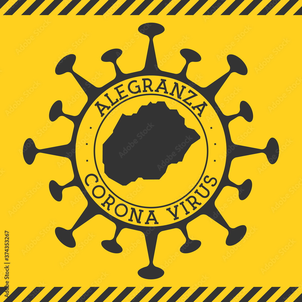 Corona virus in Alegranza sign. Round badge with shape of virus and Alegranza map. Yellow island epidemy lock down stamp. Vector illustration.