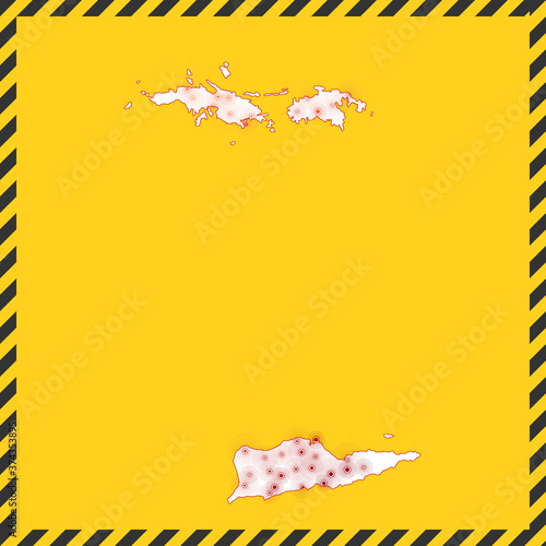 Virgin Islands closed - virus danger sign. Lockdown island icon. Black striped border around map with virus spread concept. Vector illustration.