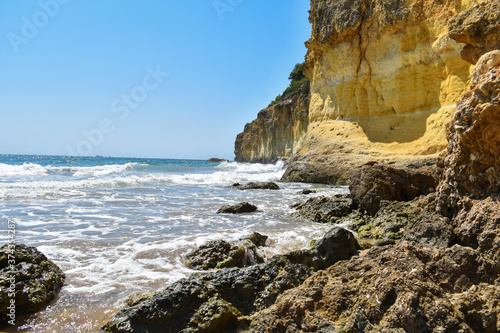 Rocks and waves in the Mediterranean Sea, Cala fonda, Tarragona.