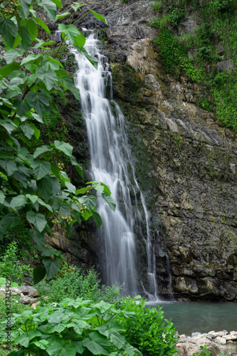 High mountain with a waterfall.Mountain landscape in summer
