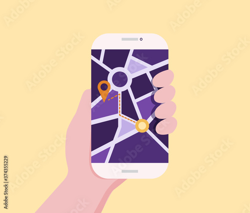 A young man looking at a map on his smartphone is about to go somewhere.
Illustration about look gps on smartphone.