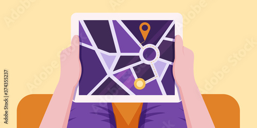 A young man looking at the map in the tablet is about to go somewhere.
Illustration about look map on tablet.
