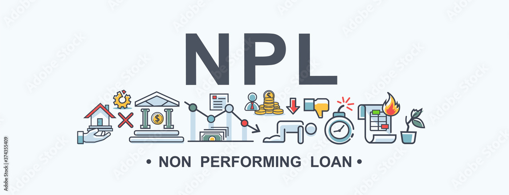 NPL non performing loan banner web icon for financial and economic, loan, mortgage, bank, debt obligation, deflation, lower interest and cash out. Minimal vector infographic.
