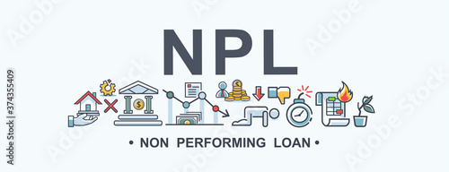 NPL non performing loan banner web icon for financial and economic, loan, mortgage, bank, debt obligation, deflation, lower interest and cash out. Minimal vector infographic.