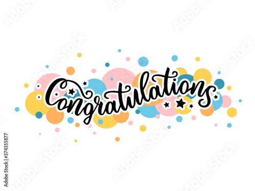 Hand drawn Black inscription lettering text "Congratulation" colorful balls on white background typography poster for postcard, icon, logo. Vector EPS 10 celebration. Motivational greetings for banner