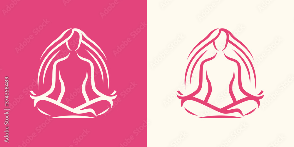 Yoga logo. Girl sitting in lotus position, spa symbol - obrazy, fototapety, plakaty 