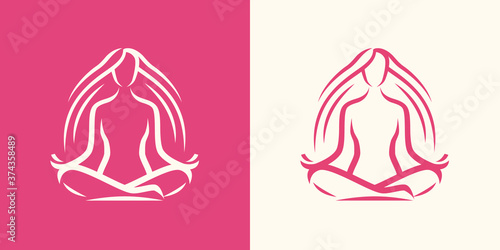 Yoga logo. Girl sitting in lotus position, spa symbol