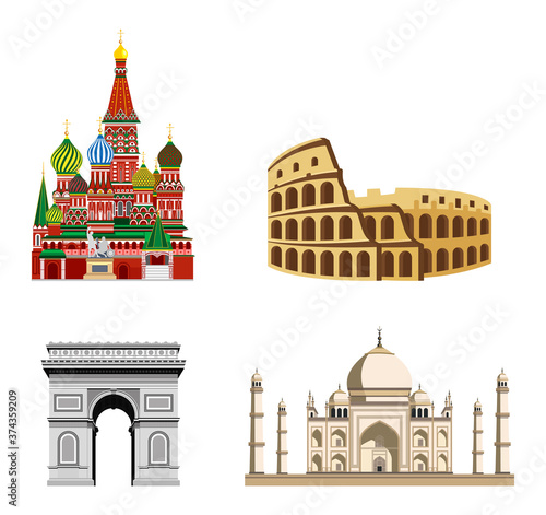 Travel, journey concept. Famous monuments of world countries. Colosseum, arc de triomphe, red square, blue mosque