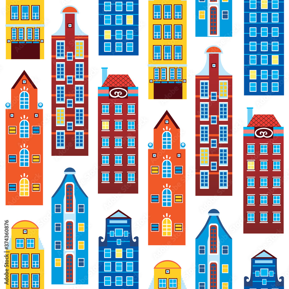 Seamless pattern with houses of amsterdam or europe isolated on white background for printing on fabric or textile, flat vector stock illustration with old houses