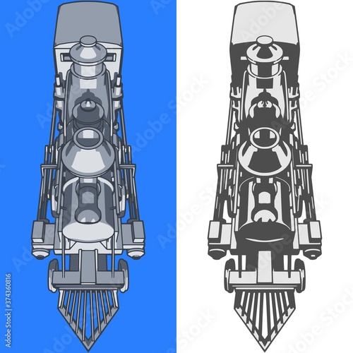 silver steam train locomotive from the top front view isolated on blue background vector illustration