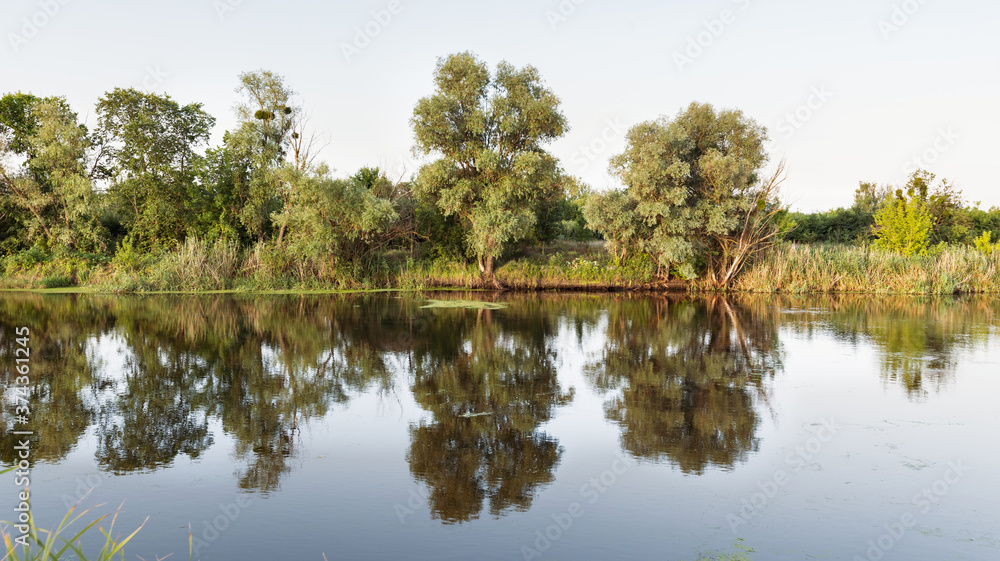 Big tranquil lake near green woods. Big tranquil lake near green woods.