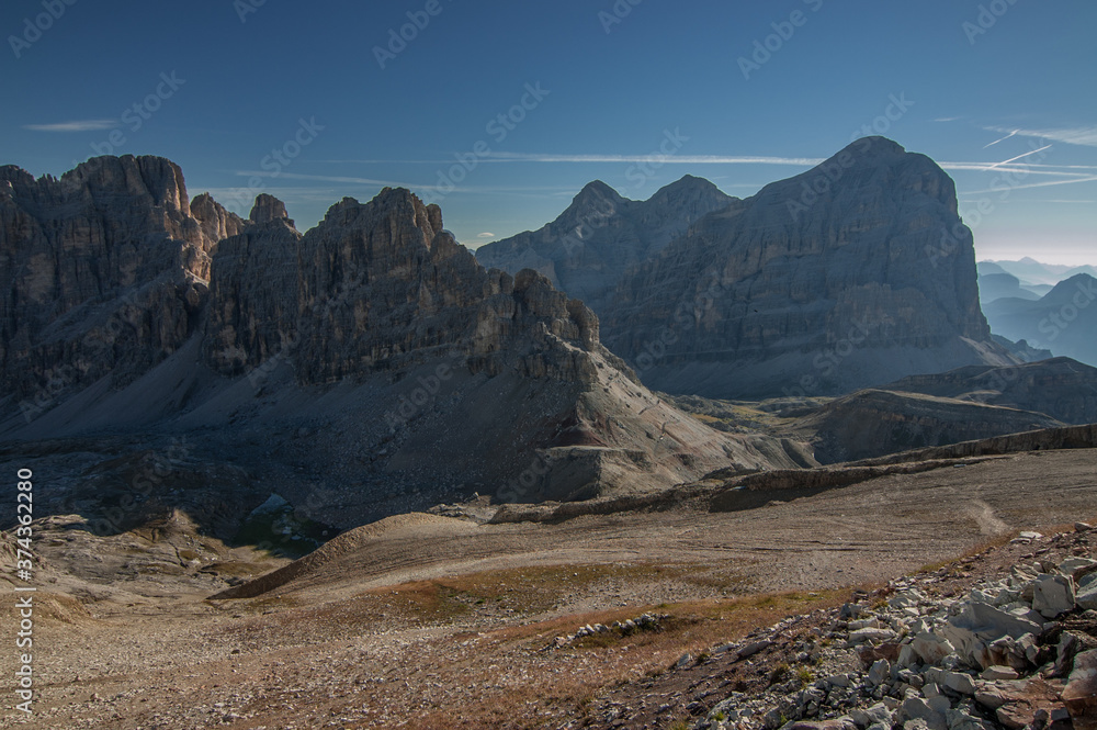 Early morning mountain panorama as seen from Refugio Lagazuoi at the start of Alta Via 1 stage #3, Monte Lagazuoi, Cortina d'Ampezzo, province of Belluno, Dolomites, South Tyrol, Italy.  