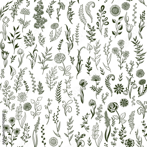 branches, flowers and grass with leaves doodle seamless backgrou
