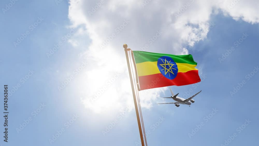 Flag of Ethiopia Waving with Airplane arriving or departing, Realistic Animation Flag of Ethiopia Waving with Airplane arriving or departing, Realistic Animation