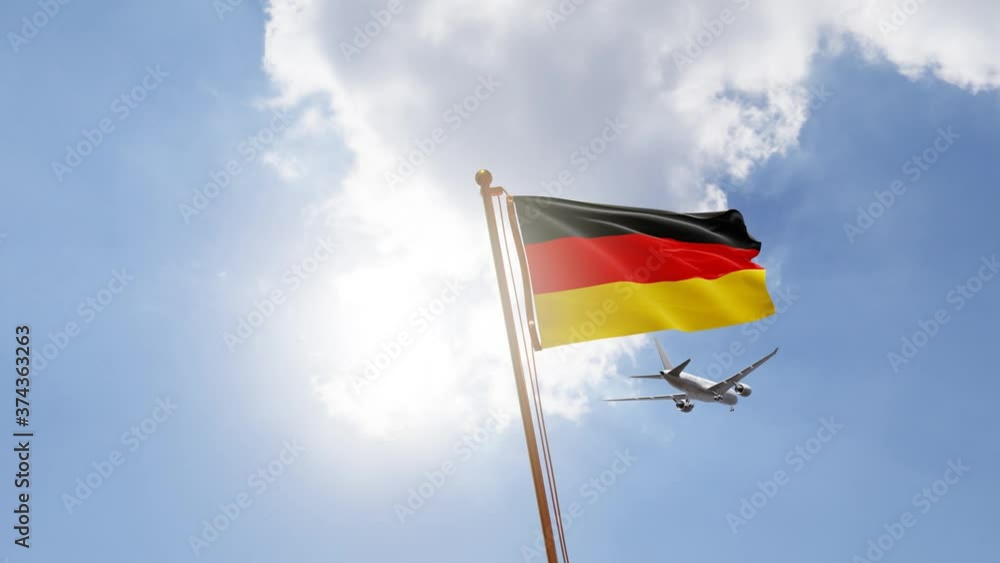 Flag of Germany Waving with Airplane arriving or departing, Realistic Animation