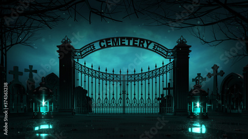 Obraz na plátně Cemetery front entrance gate with shining lanterns around at dark night