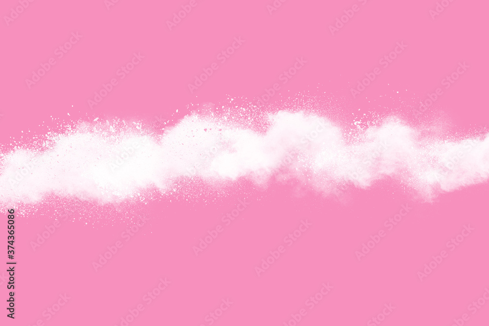 Fototapeta premium White powder explosion on pink background. Paint Holi.