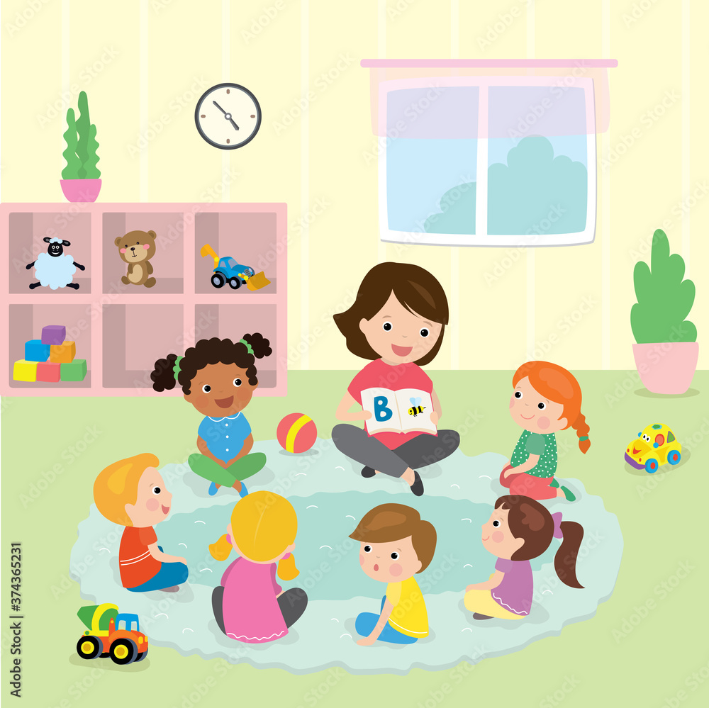 Elementary students and teacher. Children education and upbringing in the kindergarden.