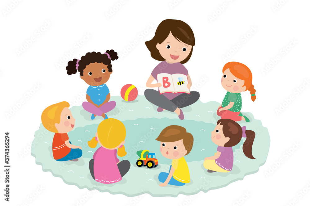 Elementary students and teacher. Children education and upbringing in the kindergarden Elementary students and teacher. Children education and upbringing in the kindergarden