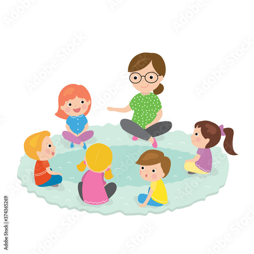 Morning Circle at Preschool. Cartoon woman teacher and group of various cute preschooler children.