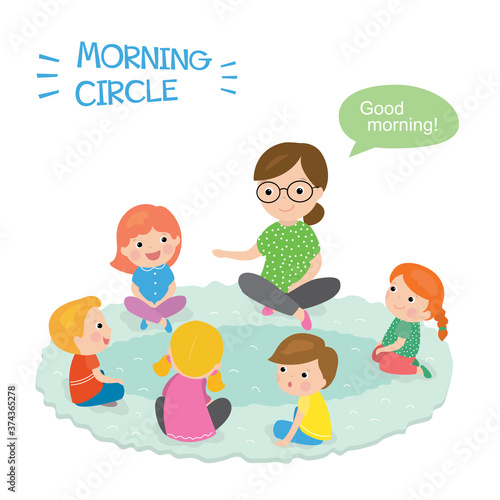 Morning Circle at Preschool. Cartoon woman teacher and group of various cute preschooler children.