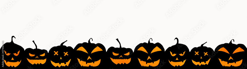 HALLOWEEN background banner wide panoramic panorama template -Silhouette of scary carved luminous cartoon pumpkins isolated on white texture HALLOWEEN background banner wide panoramic panorama template -Silhouette of scary carved luminous cartoon pumpkins isolated on white texture